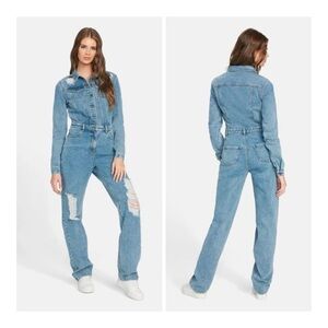 Alloy Apparel‎ Small Dalya Distressed Denim Cotton Blend Long Sleeve Jumpsuit